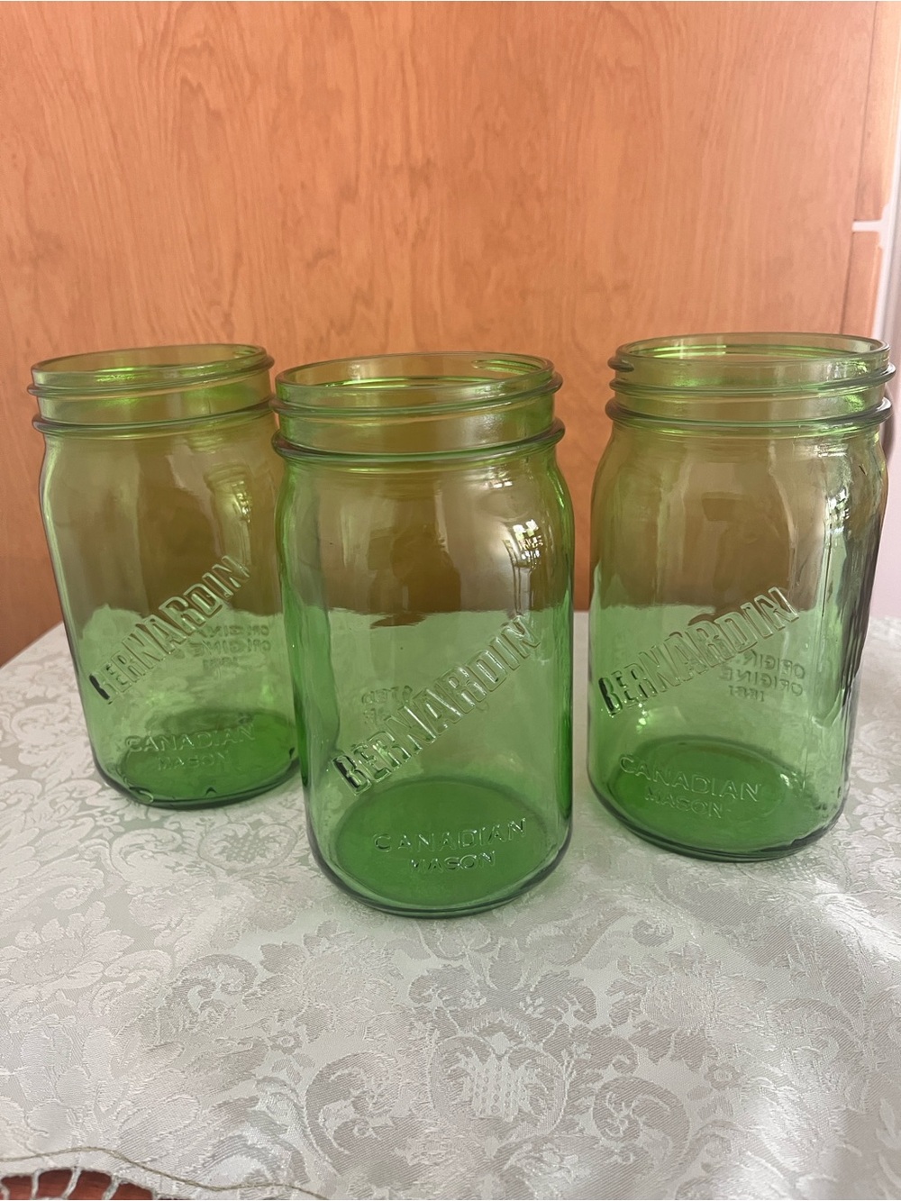 Set of 3 Bernardin Green Glass Heritage Mason Jars (Quart / 1L) – No Lids